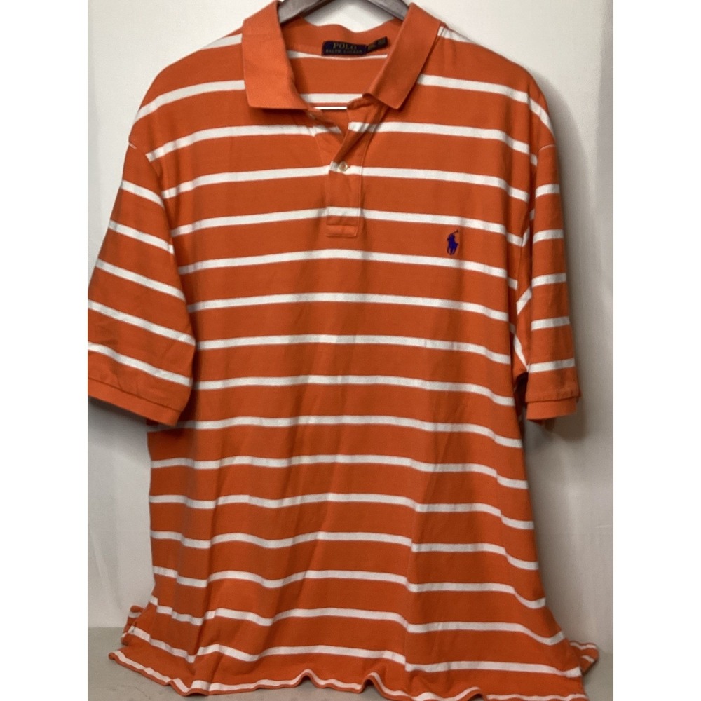 Polo‎ Ralph Lauren Mens Polo Shirt Orange White Striped Short Sleeve Casual Top - Picture 4 of 15